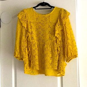 Anthropologie gold eyelet 3/4 sleeve top with ruffle details